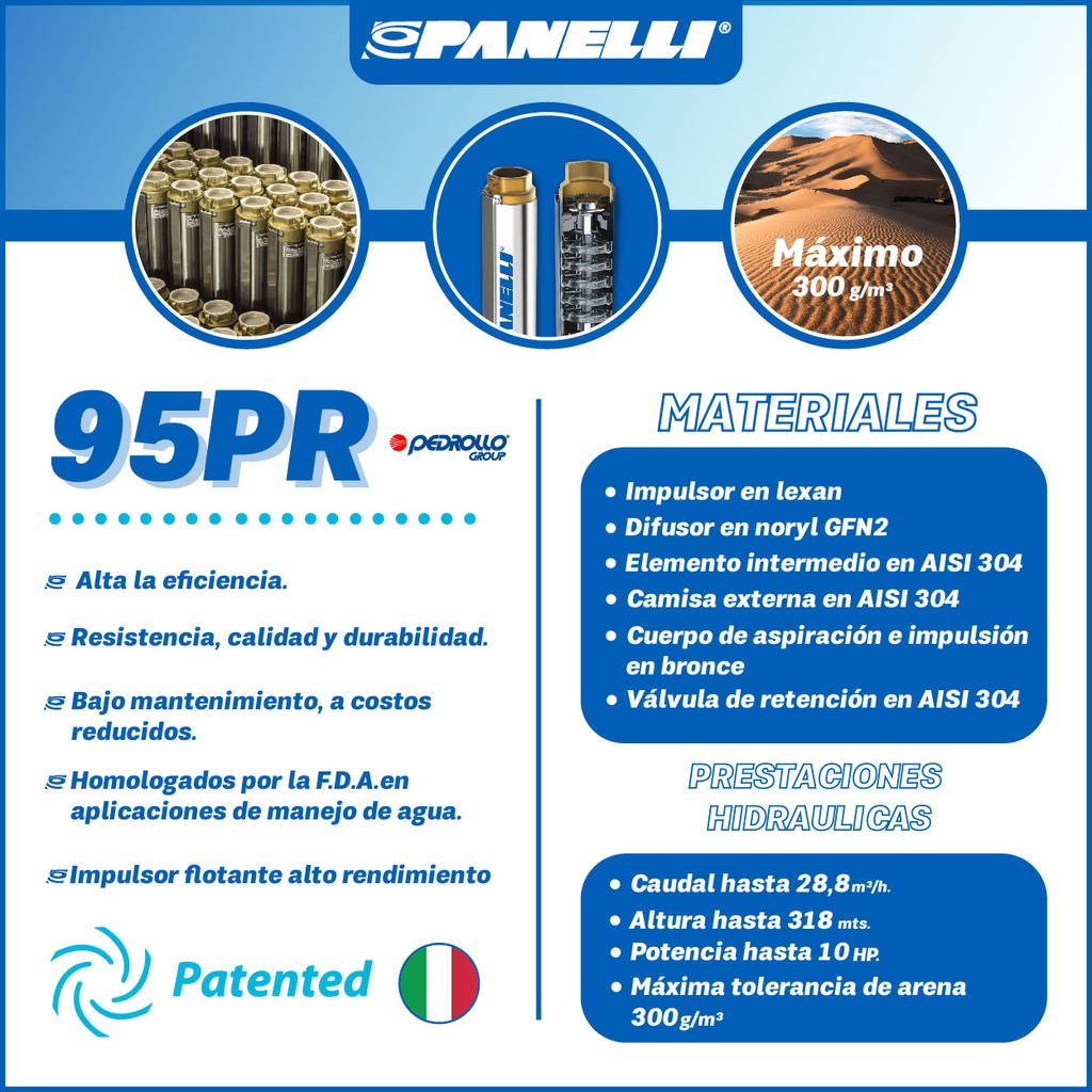 CUERPO SUMERGIBLE PANELLI  4"  SERIE PR MOD.  95PR7516   75GPM  10,00HP 16ET 2"NPT NEMA4