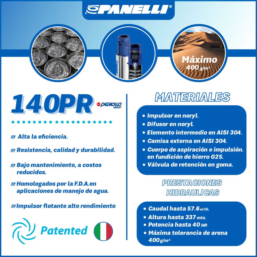 CUERPO SUMERGIBLE PANELLI  6" SERIE  PR MOD. 140PR10005 100GPM  10,00HP  05ET 3"NPT NEMA6