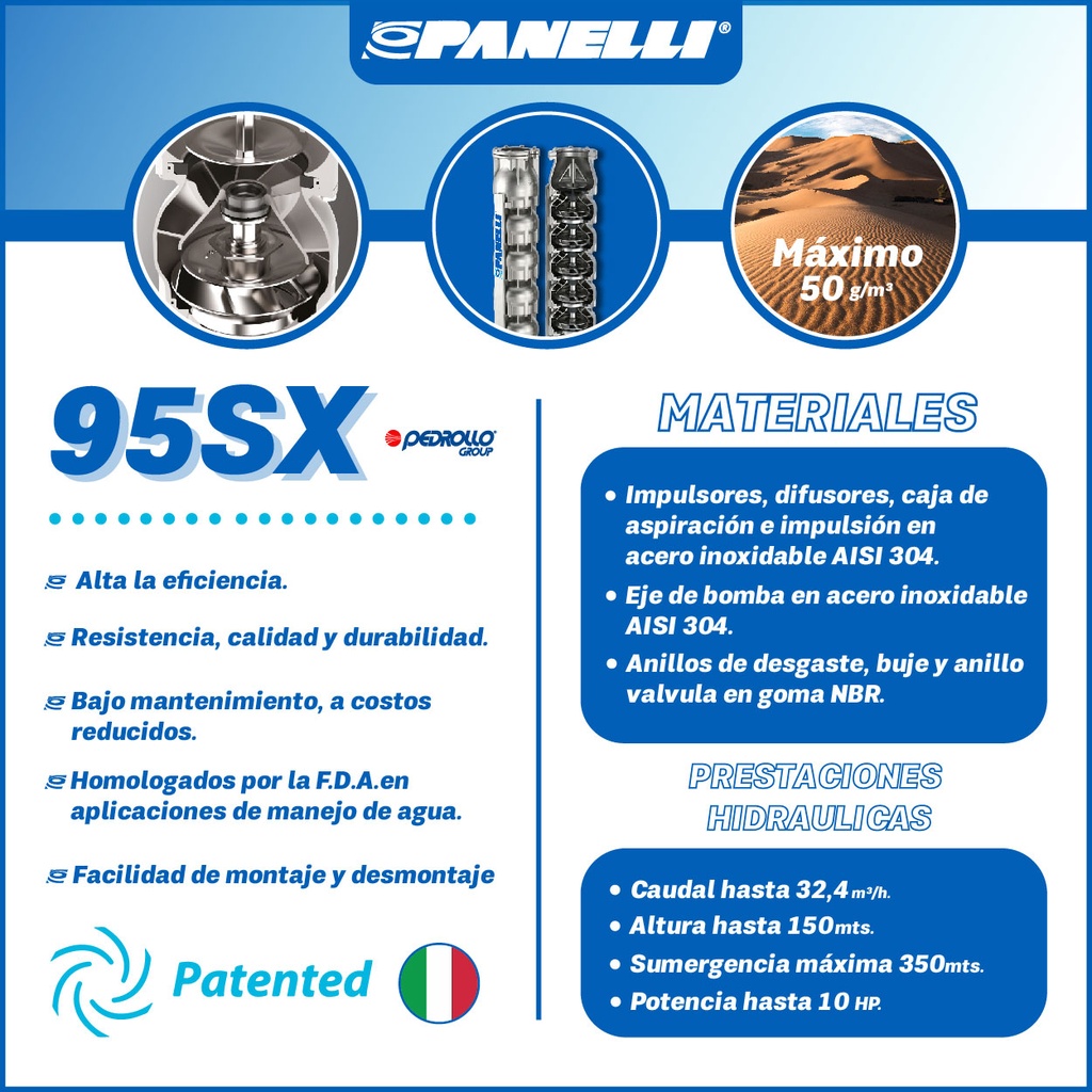 CUERPO SUMERGIBLE PANELLI  4" SERIE  SX MOD.  95SX11005  110GPM   3,00HP 05ET 2"NPT NEMA4