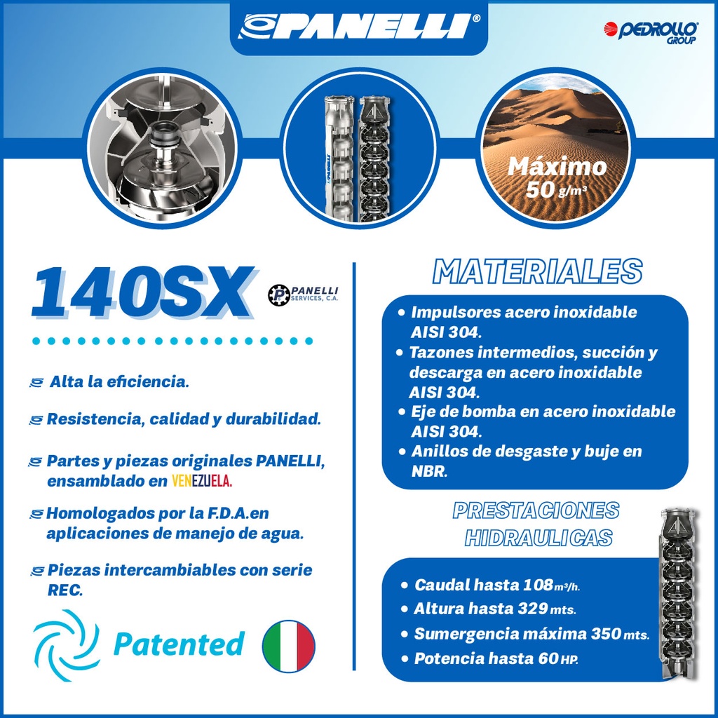 CUERPO SUMERGIBLE PANELLI  6" SERIE  SX MOD. 140SX20003  200GPM  10,00HP 03ET 3"NPT NEMA6