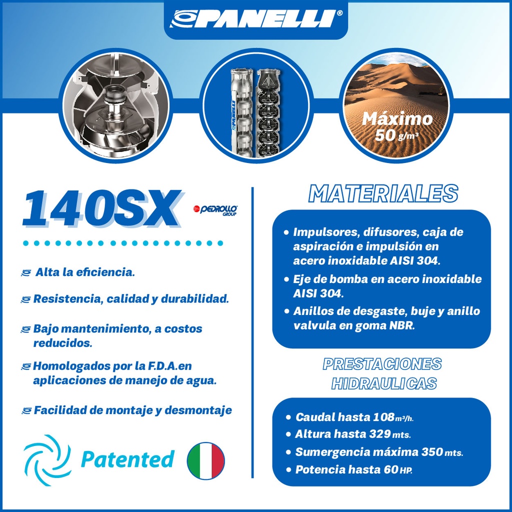 CUERPO SUMERGIBLE PANELLI  6" SERIE  SX MOD. 140SX20005  200GPM  20,00HP 05ET 4"NPT NEMA6