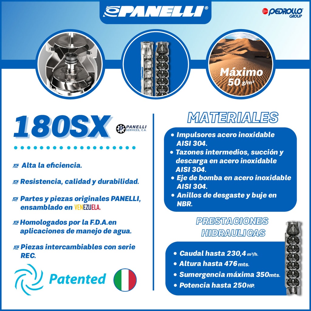 CUERPO SUMERGIBLE PANELLI  8" SERIE  SX MOD. 180SX70002 700GPM  40,00HP  02ET 6"NPT NEMA8 