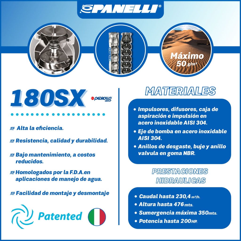 CUERPO SUMERGIBLE PANELLI  8" SERIE  SX MOD. 180SX80002 800GPM  50,00HP  02ET 5"NPT NEMA6