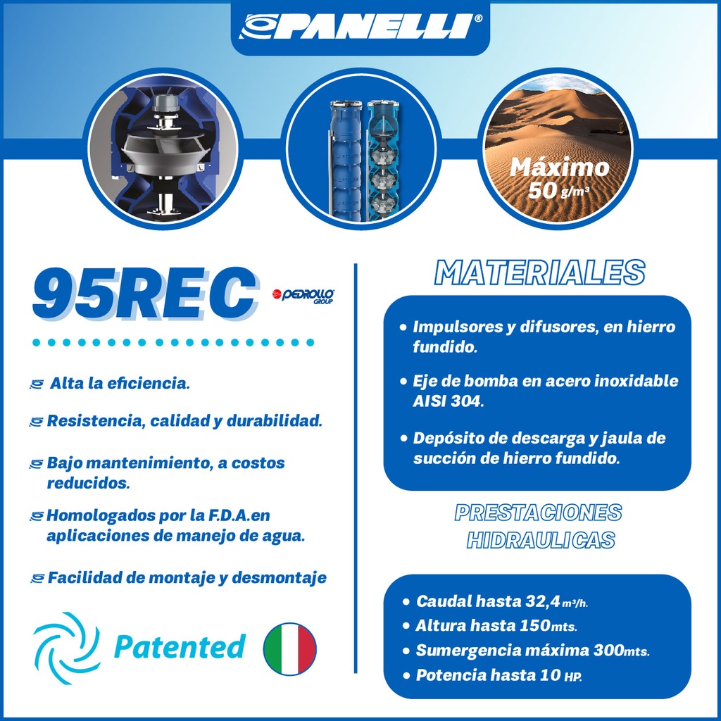 CUERPO SUMERGIBLE PANELLI  4" SERIE REC MOD.  95REC11020 110GPM  10,00HP 20ET 2" NPT NEMA4