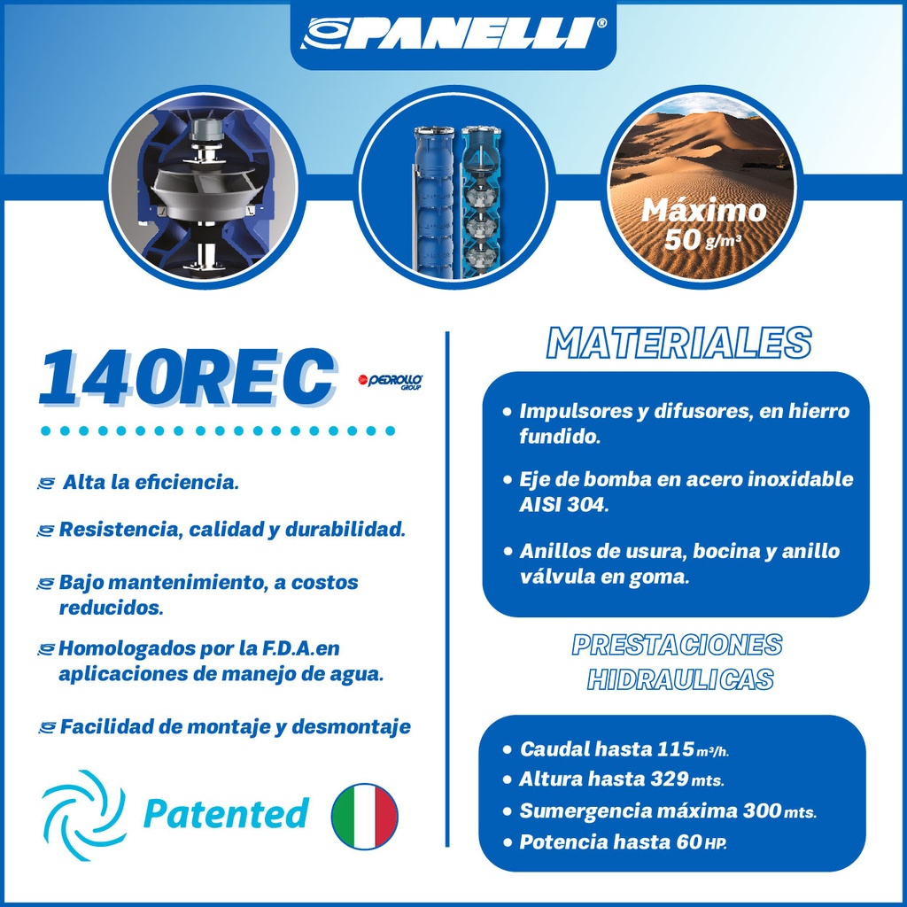 CUERPO SUMERGIBLE PANELLI  6" SERIE REC MOD 140REC20003 200GPM  10,00HP  03ET 3"NPT NEMA6