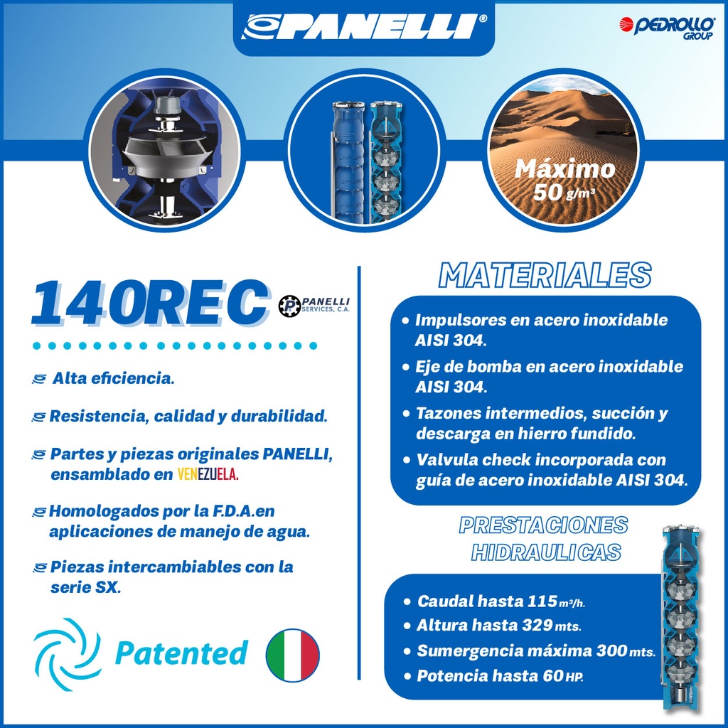 CUERPO SUMERGIBLE PANELLI  6" SERIE REC MOD 140REC20015 200GPM  50,00HP  15ET 3"NPT NEMA6