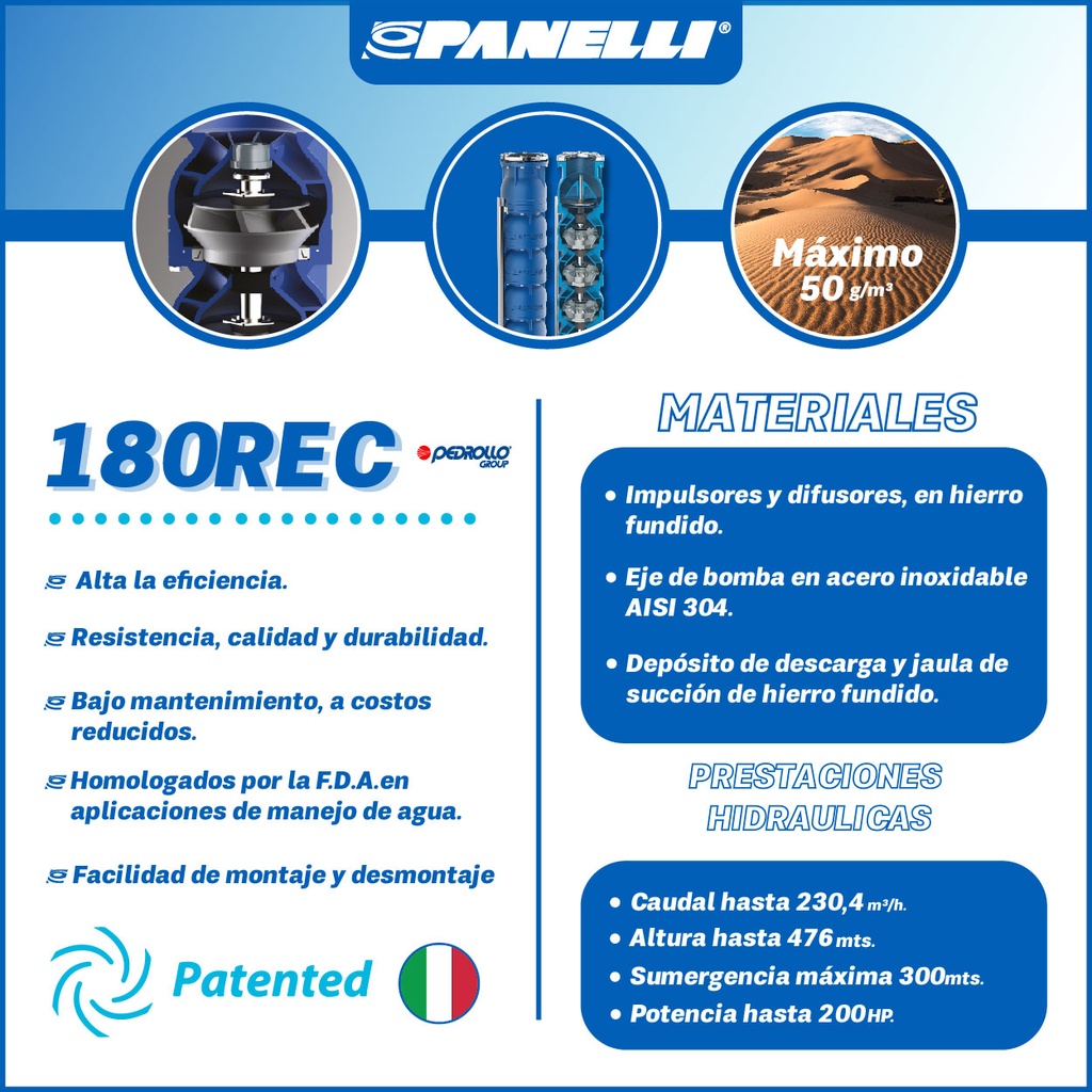 CUERPO SUMERGIBLE PANELLI  8" SERIE REC MOD. 180REC50003 500GPM  50,00HP  03ET 5"NPT NEMA6