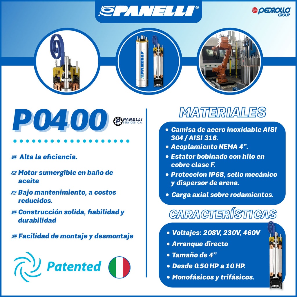 MOTOR SUMERGIBLE TF PANELLI  4" SERIE P0400 MOD.   5,50HP 3PH/208V/60HZ/2P 3600RPM 3W DOL NEMA4 OF-R