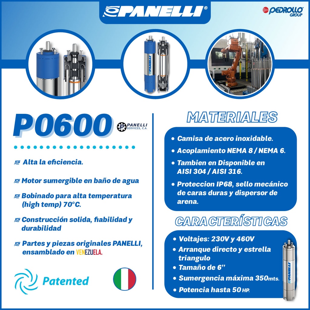 MOTOR SUMERGIBLE TF PANELLI  6" SERIE P0600 MOD.  15,00HP 3PH/230V/60HZ/2P 3600RPM 3W DOL NEMA6 WF-R