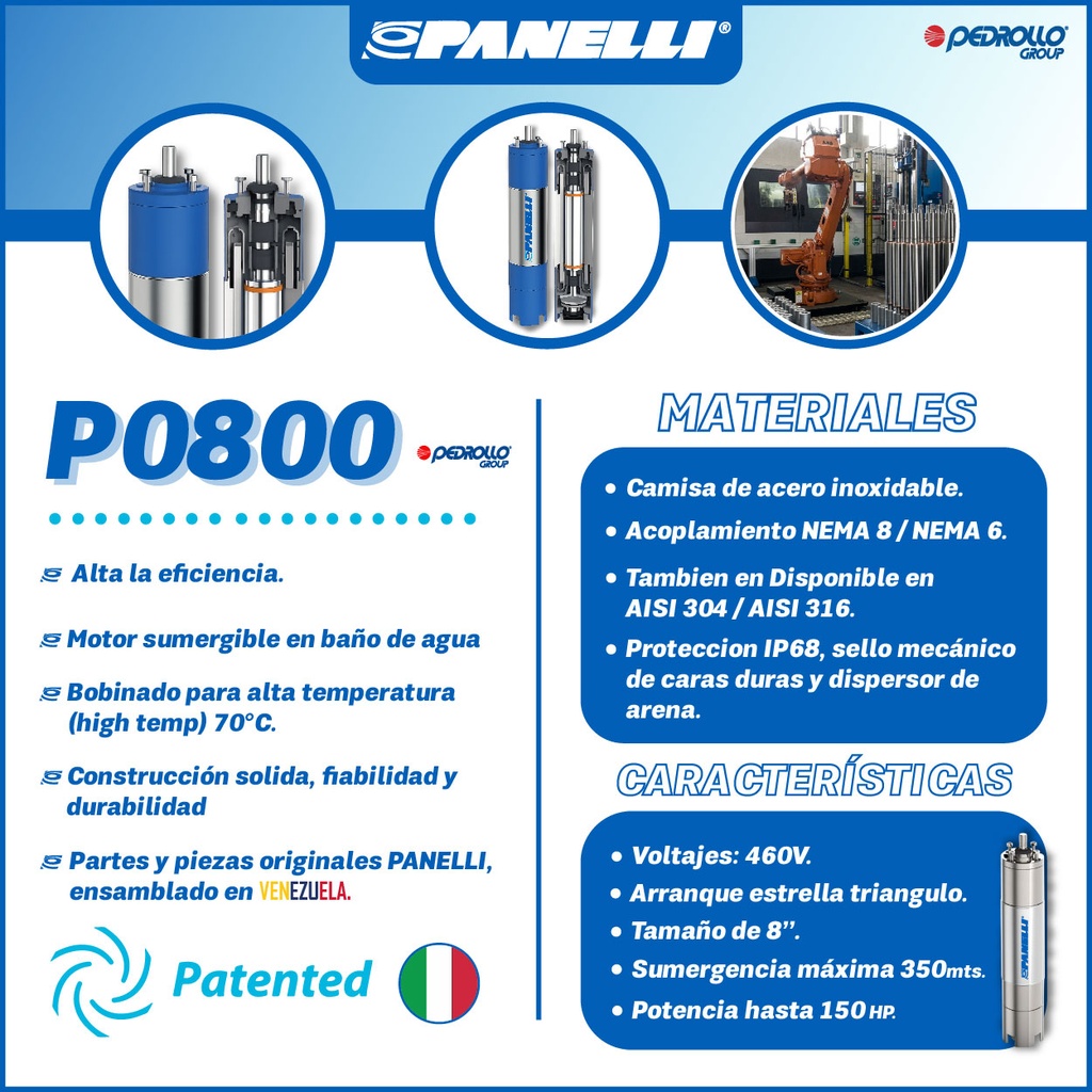 MOTOR SUMERGIBLE TF PANELLI  8" SERIE P0800 MOD. 100,00HP 3PH/460V/60HZ/2P 3600RPM 6W Y-D NEMA8 WF-R