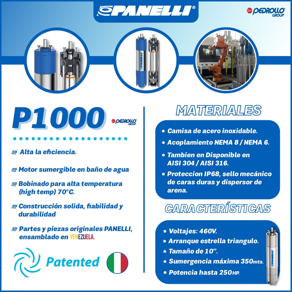 MOTOR SUMERGIBLE TF PANELLI 10" SERIE P1000 MOD. 250,00HP 3PH/460V/60HZ/2P 3600RPM 6W Y-D NEMA8 WF-R