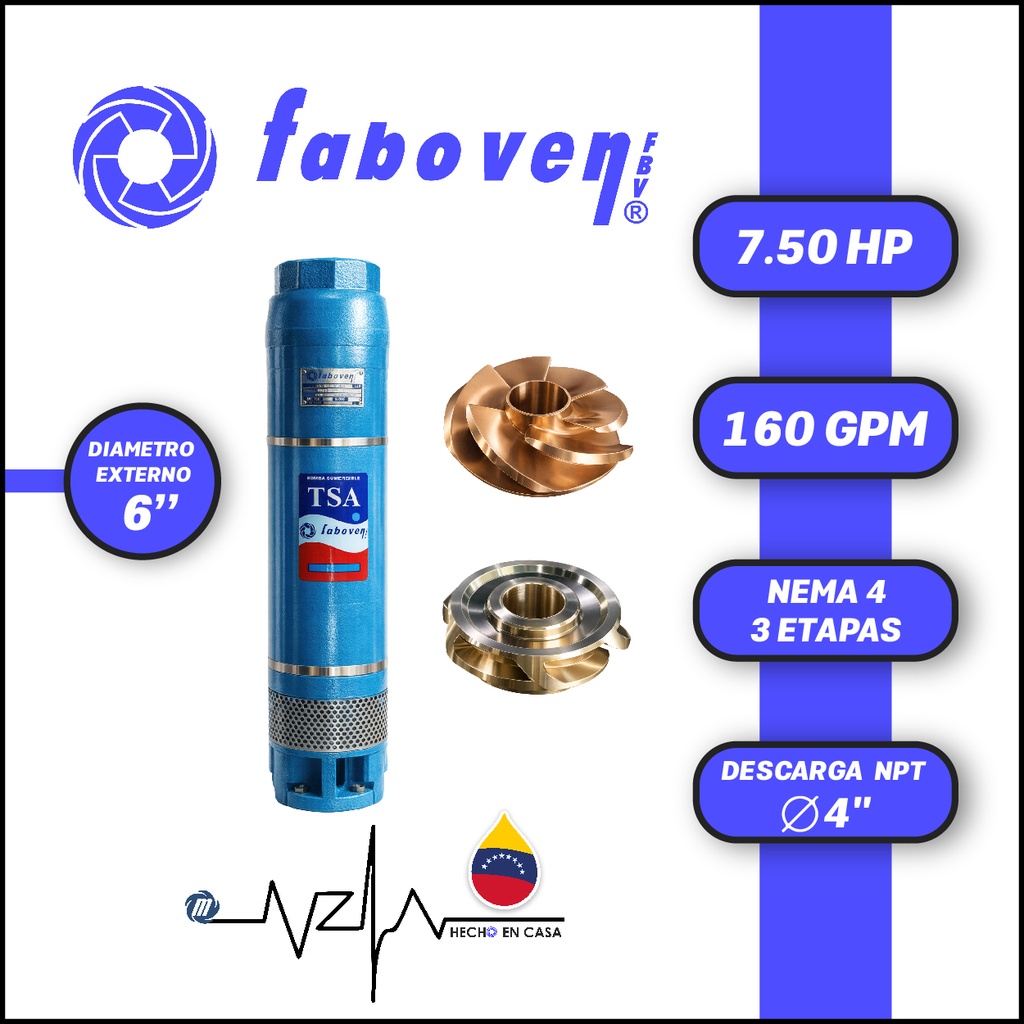 CUERPO SUMERGIBLE FABOVEN  6" SERIE TSA MOD. 00756L03FX0  160GPM   7,50HP 03ET 4"NPT NEMA4              