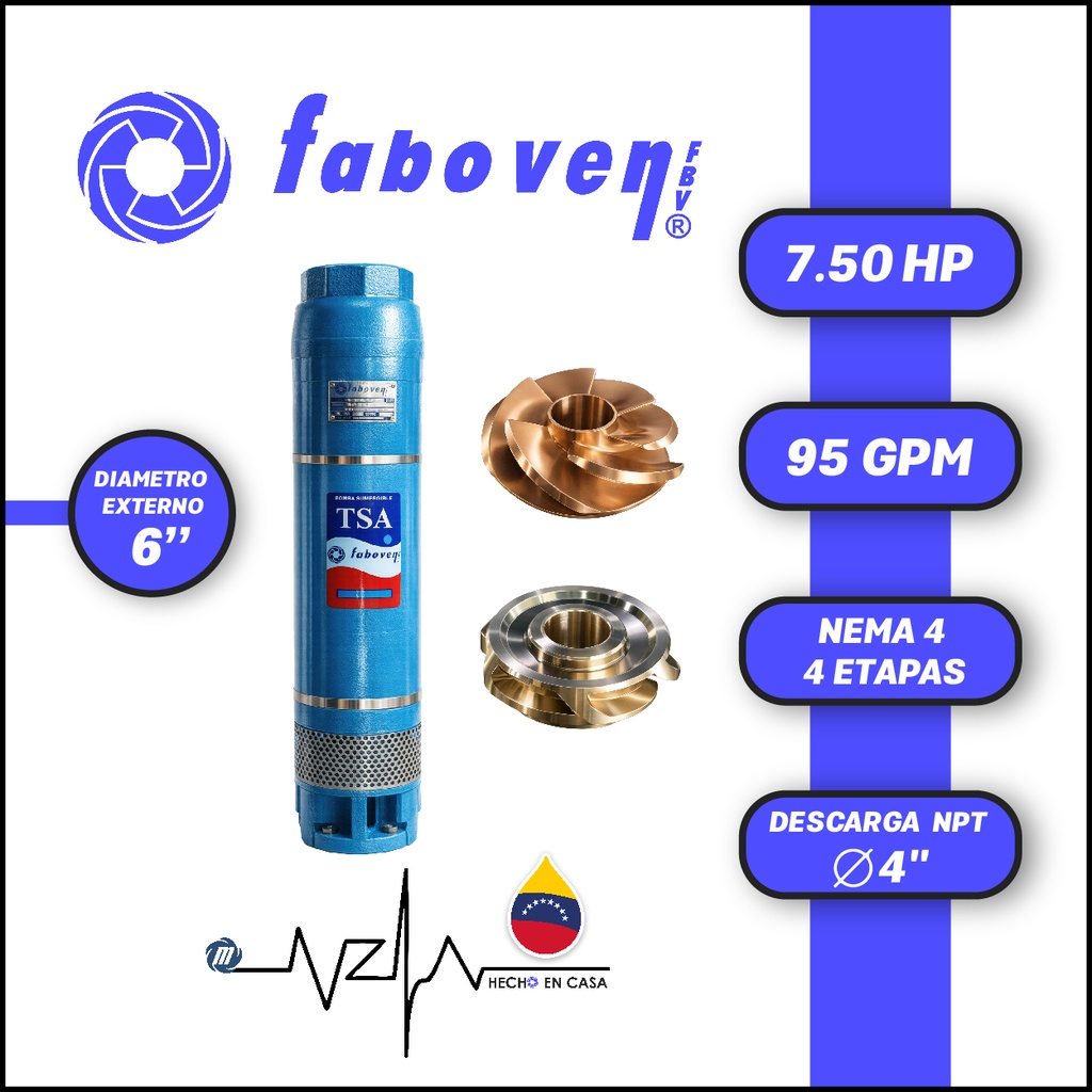 CUERPO SUMERGIBLE FABOVEN  6" SERIE TSA MOD. 00756X04FX0   95GPM   7,50HP 04ET 4"NPT NEMA4              
