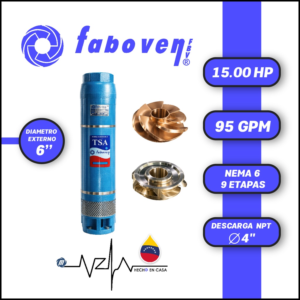CUERPO SUMERGIBLE FABOVEN  6" SERIE TSA MOD. 01506X09GX0   95GPM  15,00HP 09ET 4"NPT NEMA6              