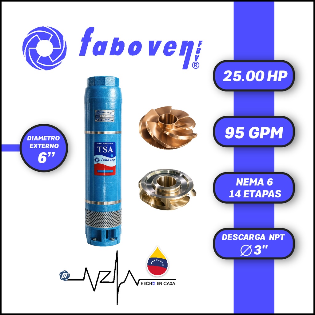 CUERPO SUMERGIBLE FABOVEN  6" SERIE TSA MOD. 02506X14DX0   95GPM  25,00HP 14ET 3"NPT NEMA6                