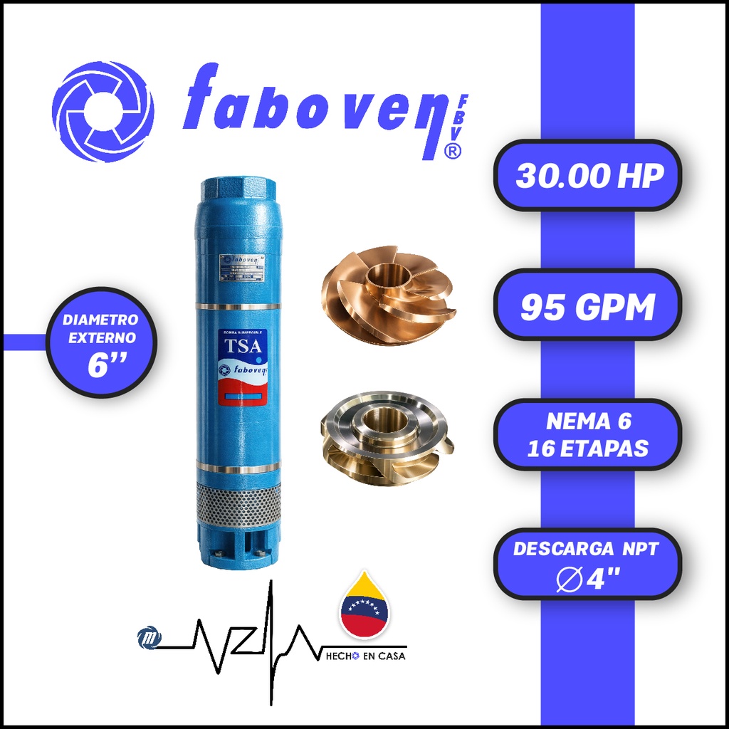 CUERPO SUMERGIBLE FABOVEN  6" SERIE TSA MOD. 03006X16GX0   95GPM  30,00HP 16ET 4"NPT NEMA6               