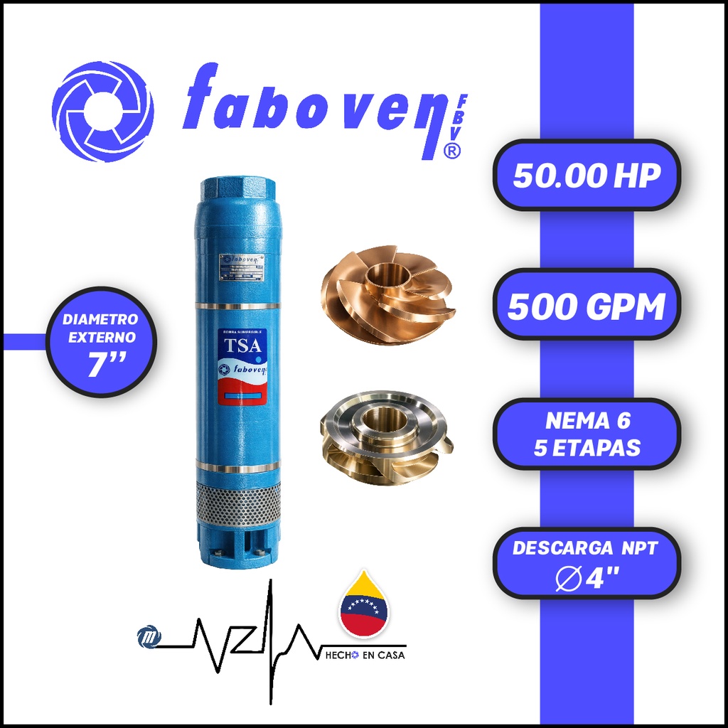 CUERPO SUMERGIBLE FABOVEN  7" SERIE TSA MOD. 05007M05IX0  500GPM  50,00HP 05ET 4"NPT NEMA6              