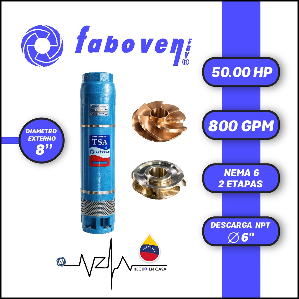 CUERPO SUMERGIBLE FABOVEN  8" SERIE TSA MOD. 05008L02PX0  800GPM  50,00HP 02ET 6"NPT NEMA6               