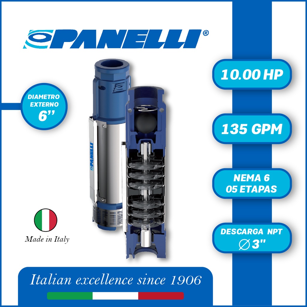 CUERPO SUMERGIBLE PANELLI  6" SERIE  PR MOD. 140PR13505 135GPM  10,00HP  05ET 3"NPT NEMA6