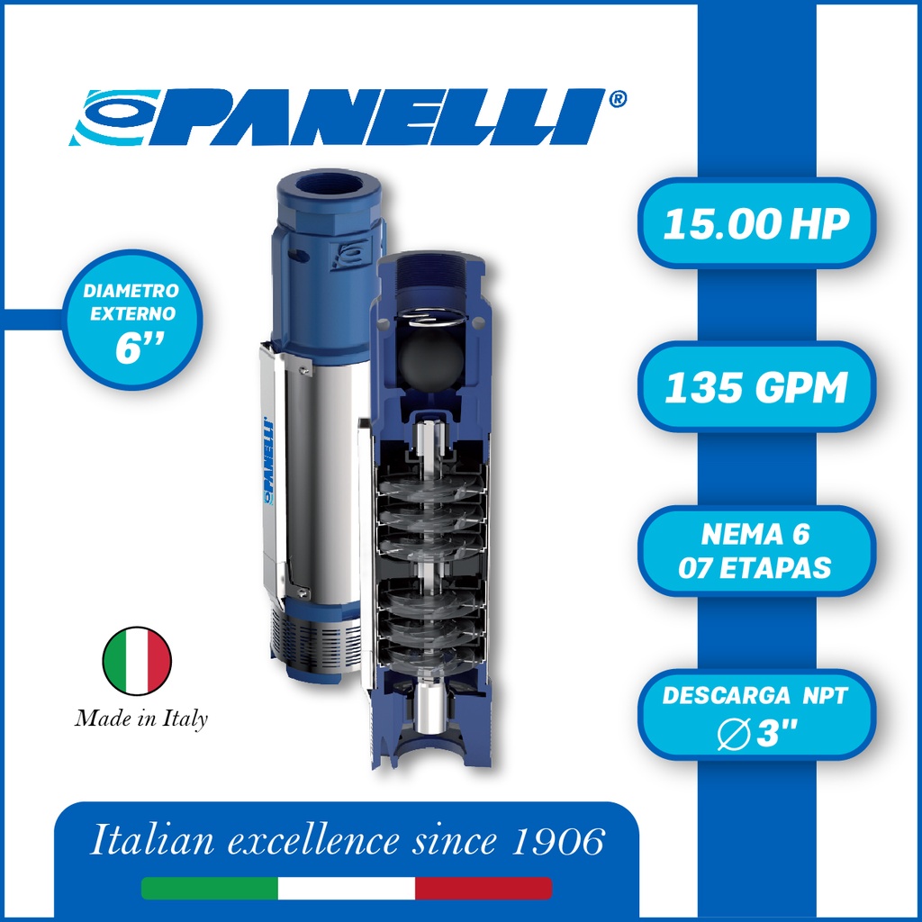CUERPO SUMERGIBLE PANELLI  6" SERIE  PR MOD. 140PR13507 135GPM  15,00HP  07ET 3"NPT NEMA6