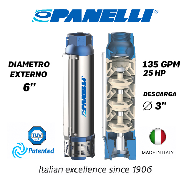 CUERPO SUMERGIBLE PANELLI  6" SERIE  PR MOD. 140PR13513 135GPM  25,00HP  13ET 3"NPT NEMA6