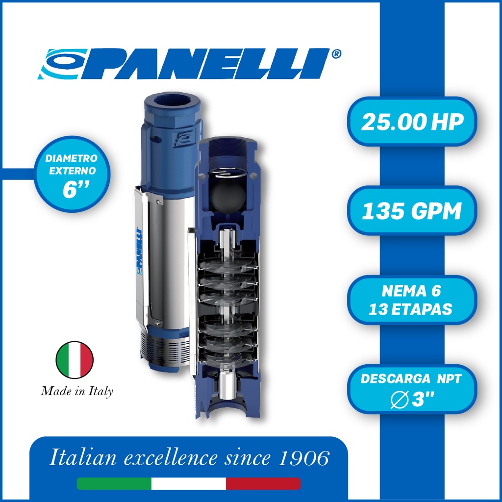 CUERPO SUMERGIBLE PANELLI  6" SERIE  PR MOD. 140PR13513 135GPM  25,00HP  13ET 3"NPT NEMA6