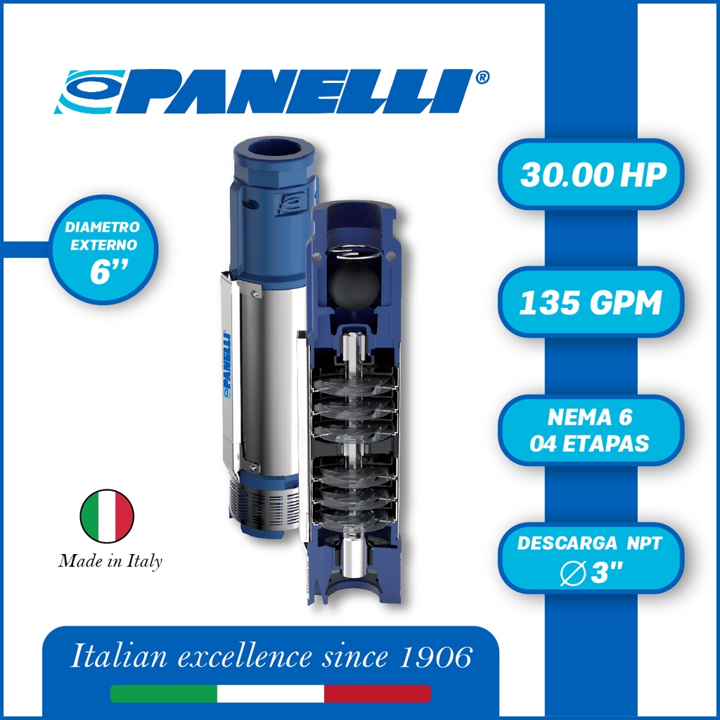 CUERPO SUMERGIBLE PANELLI  6" SERIE  PR MOD. 140PR13515 135GPM  30,00HP  15ET 3"NPT NEMA6