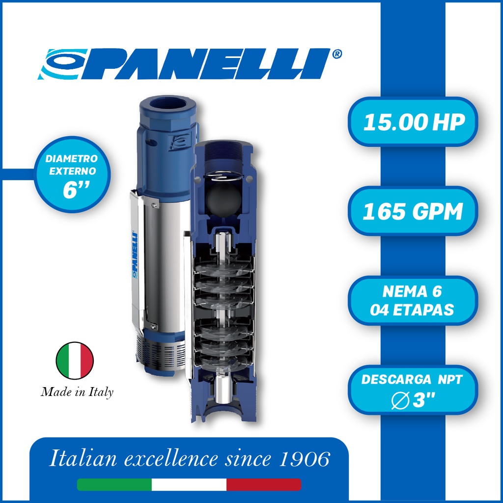 CUERPO SUMERGIBLE PANELLI  6" SERIE  PR MOD. 140PR16504 165GPM  15,00HP  04ET 3"NPT NEMA6