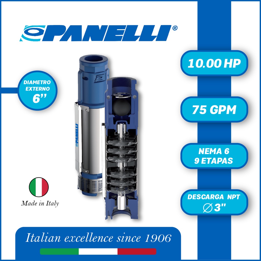 CUERPO SUMERGIBLE PANELLI  6" SERIE  PR MOD. 140PR07509  75GPM  10,00HP  09ET 3"NPT NEMA6