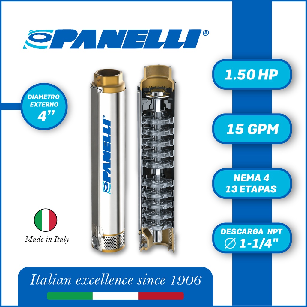 CUERPO SUMERGIBLE PANELLI  4"  SERIE PR MOD.  95PR1513   15GPM   1,50HP 13ET 1-1/4"NPT NEMA4