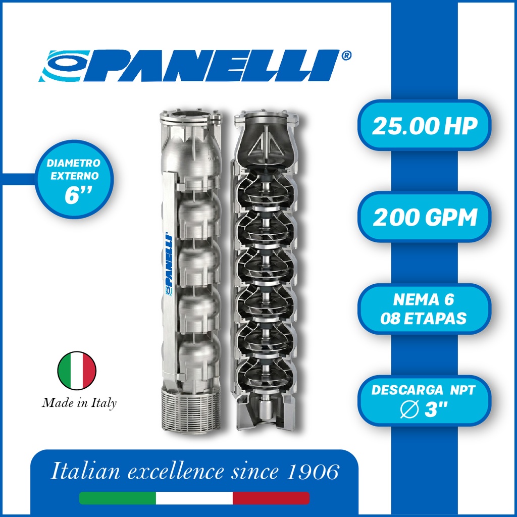 CUERPO SUMERGIBLE PANELLI  6" SERIE  SX MOD. 140SX20008  200GPM  25,00HP 08ET 3"NPT NEMA6