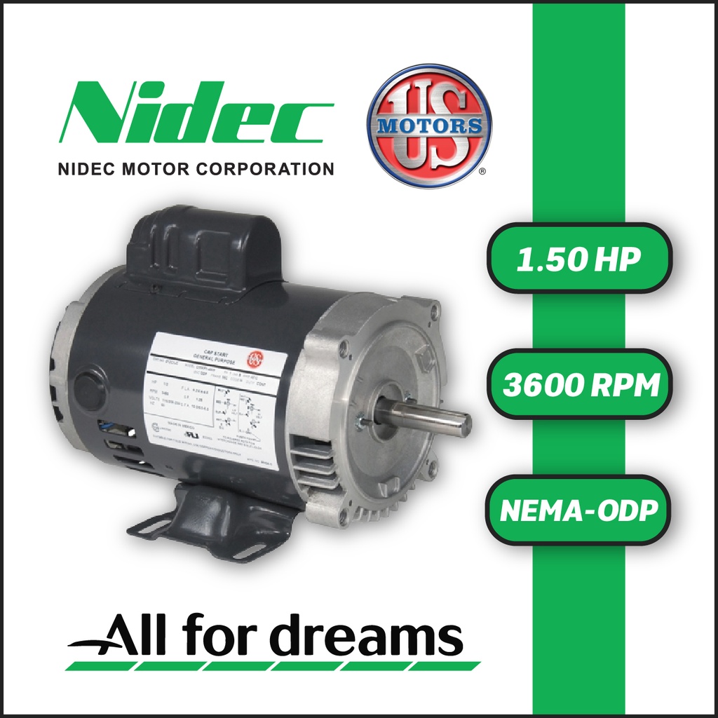 MOTOR HORIZONTAL US MOTORS 1,50HP 3600RPM D32C1JHC 1PH 115/208-230V 2P 60HZ SF 1,15 3W 56HC ODP NEMA RS BASE RIGIDA BRIDA C FACE