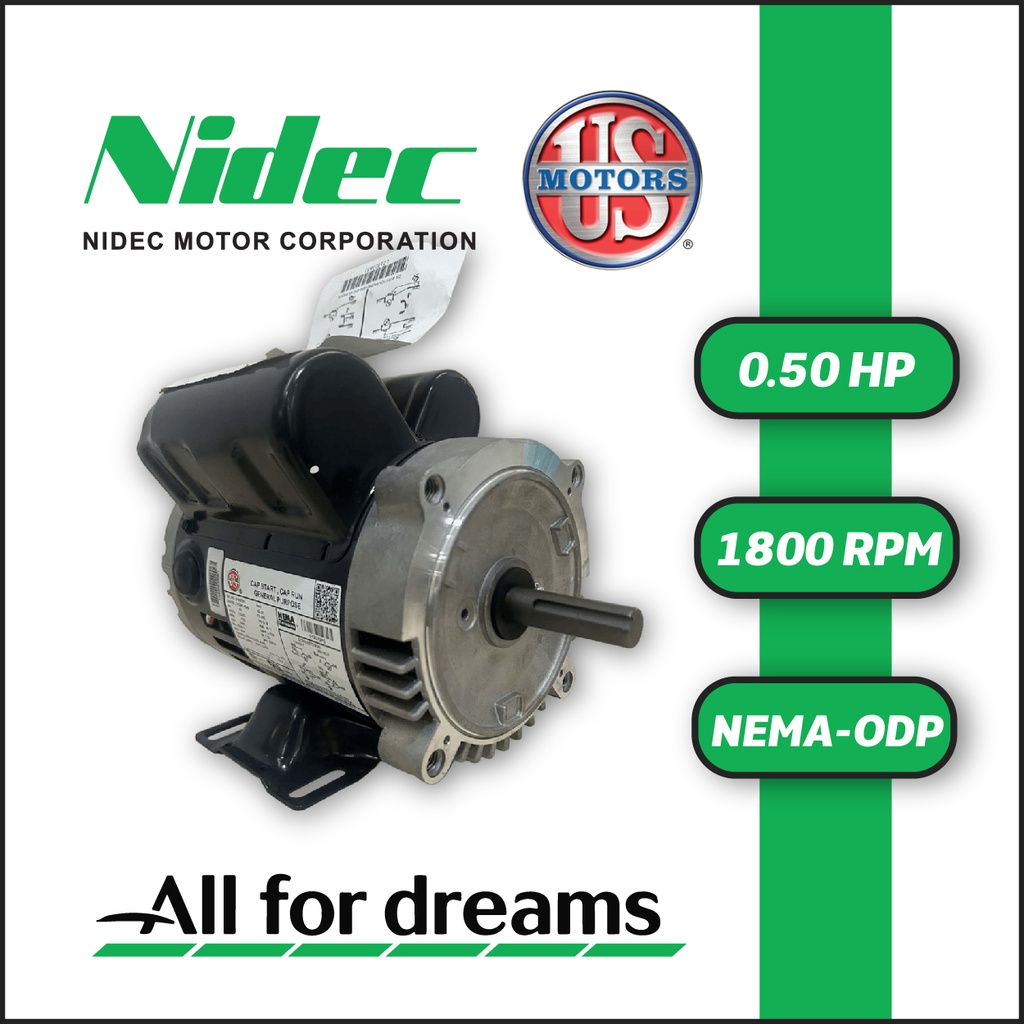 MOTOR HORIZONTAL 0,50HP 1800RPM US MOTORS D12CP2PC 1PH 115-230V 4P SF 1,15 5W DOL 56C ODP NEMA CI