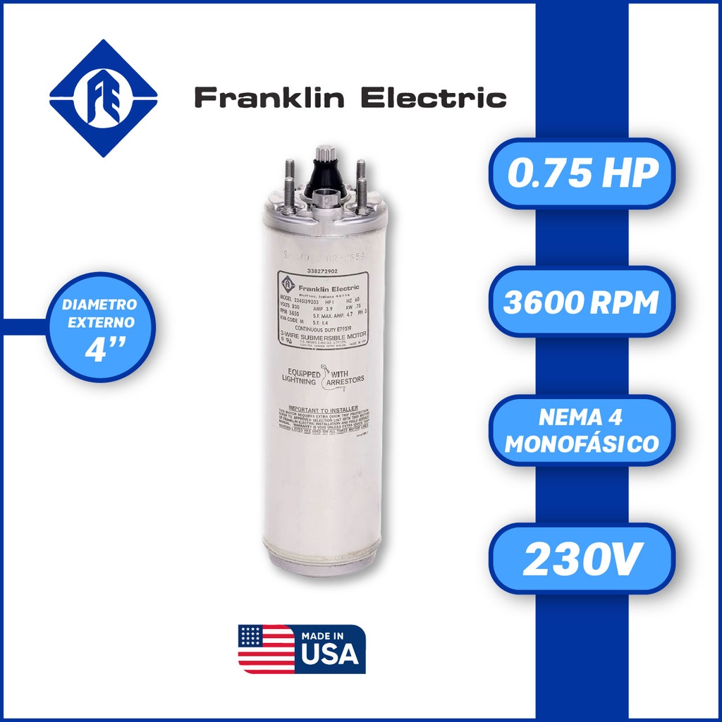 MOTOR SUMERGIBLE MF FRANKLIN  4" SERIE WWELL SS MOD. 2145079004GS   0,75HP 1PH/230V/60HZ/2P 3600RPM 3W DOL NEMA4 WF-C