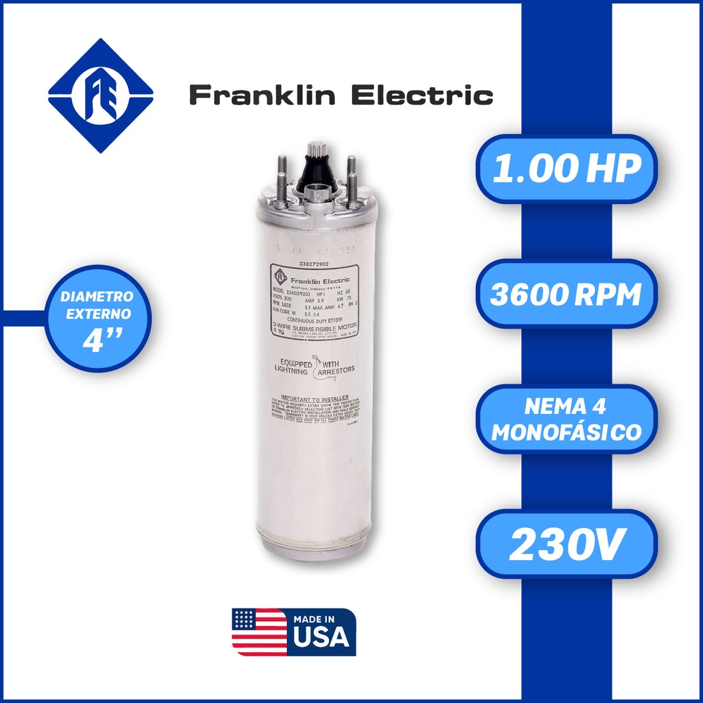 MOTOR SUMERGIBLE MF FRANKLIN  4" SERIE WWELL SS MOD. 2145089003GS   1,00HP 1PH/230V/60HZ/2P 3600RPM 3W DOL NEMA4 WF-C                                           