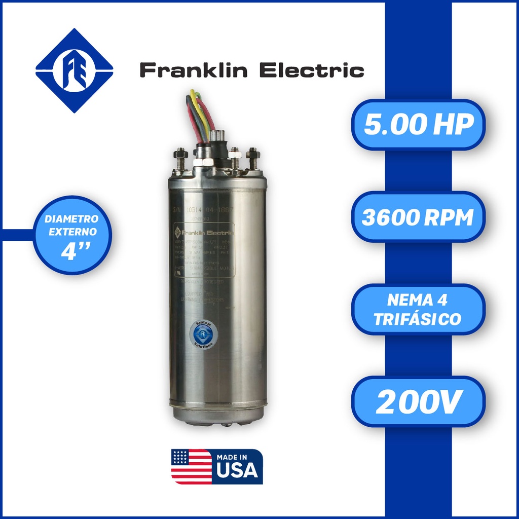 MOTOR SUMERGIBLE TF FRANKLIN  4" SERIE WWELL HT MOD. 2347078602G    5,00HP 3PH/200V/60HZ/2P 3600RPM 3W DOL NEMA4 WF-C                                