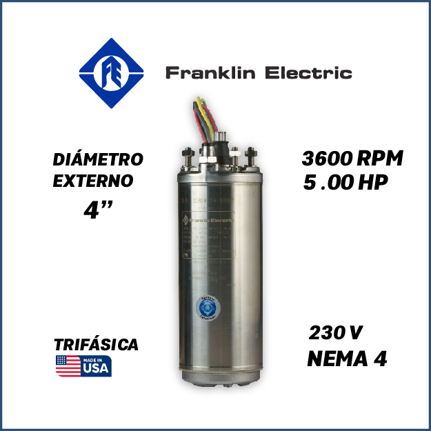 MOTOR SUMERGIBLE TF FRANKLIN  4" SERIE WWELL HT MOD. 2347178602G    5,00HP 3PH/230V/60HZ/2P 3600RPM 3W DOL NEMA4 WF-C                                
