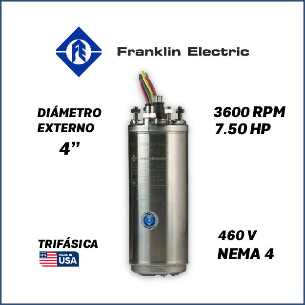 MOTOR SUMERGIBLE TF FRANKLIN  4" SERIE WWELL HT MOD. 2347288602G    7,50HP 3PH/460V/60HZ/2P 3600RPM 3W DOL NEMA4 WF-C                               