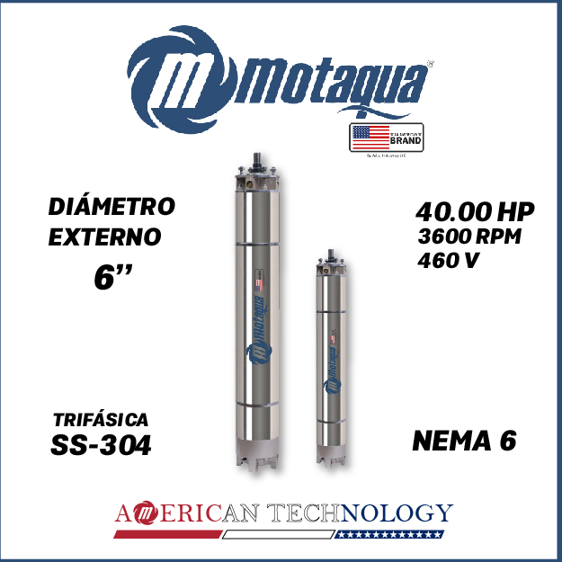 MOTOR SUMERGIBLE TF MOTAQUA MKD DSM6 6" T6WRF0400P  40,00HP 3PH/460V/60HZ/2P 3600RPM 6W Y-D NEMA6 WF-R SS-304