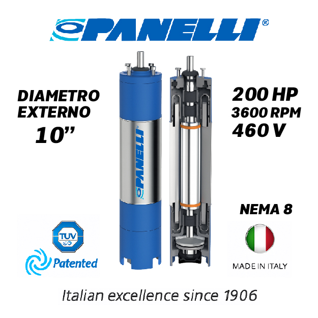 MOTOR SUMERGIBLE TF PANELLI 10" SERIE P1000 MOD. 200,00HP 3PH/460V/60HZ/2P 3600RPM 6W Y-D NEMA8 WF-R