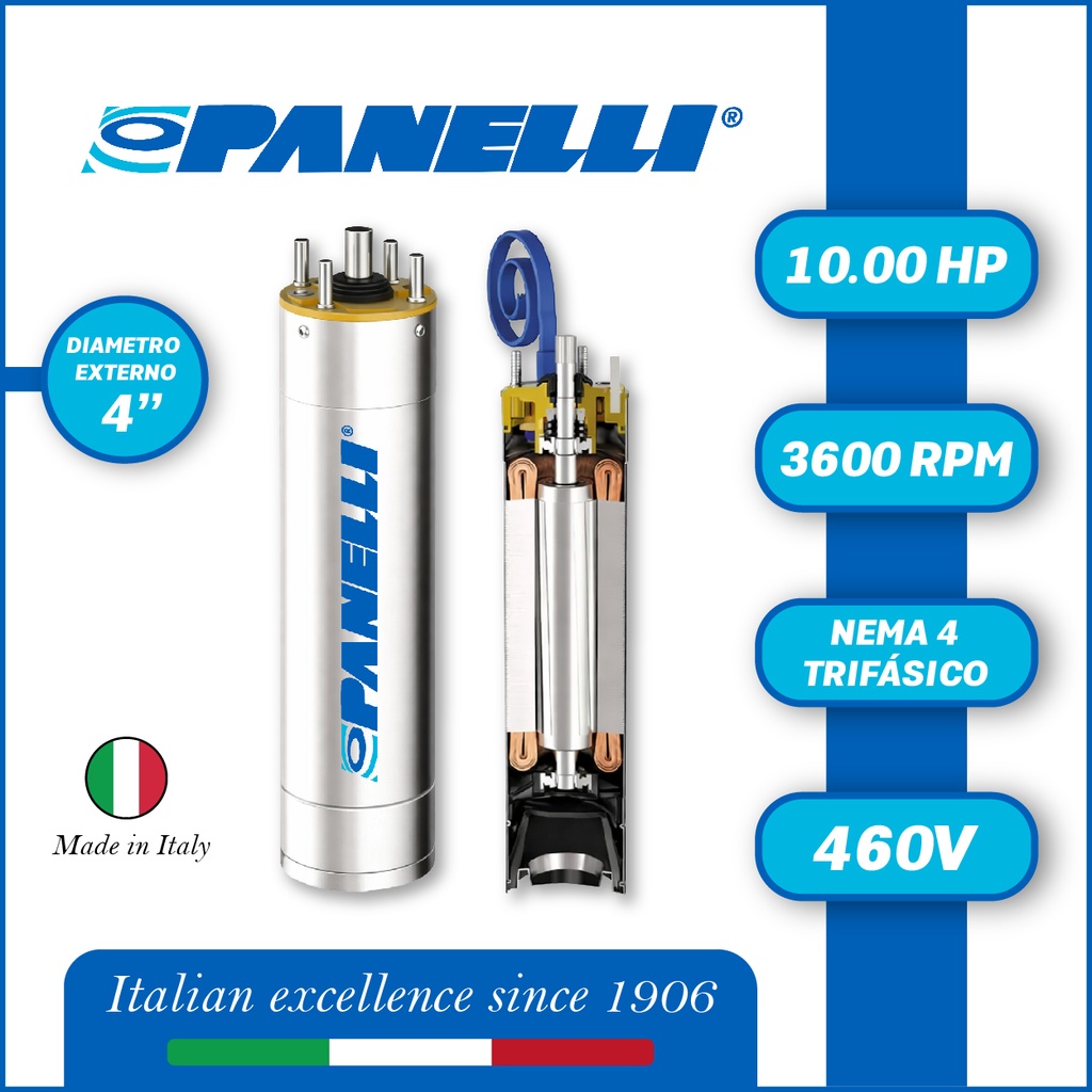 MOTOR SUMERGIBLE TF PANELLI  4" SERIE P0400 MOD.  10,00HP 3PH/460V/60HZ/2P 3600RPM 3W DOL NEMA4 OF-R
