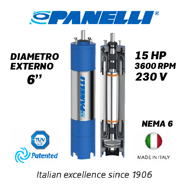MOTOR SUMERGIBLE TF PANELLI  6" SERIE P0600 MOD.  15,00HP 3PH/230V/60HZ/2P 3600RPM 3W DOL NEMA6 WF-R
