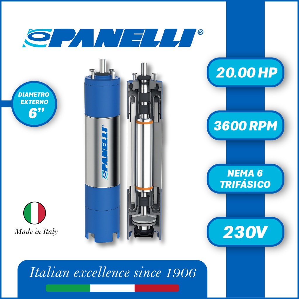 MOTOR SUMERGIBLE TF PANELLI  6" SERIE P0600 MOD.  20,00HP 3PH/230V/60HZ/2P 3600RPM 3W DOL NEMA6 WF-R