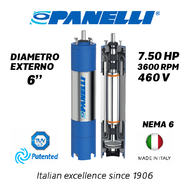 MOTOR SUMERGIBLE TF PANELLI  6" SERIE P0600 MOD.   7,50HP 3PH/460V/60HZ/2P 3600RPM 3W DOL NEMA6 WF-R