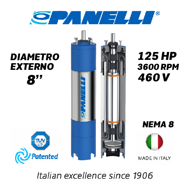 MOTOR SUMERGIBLE TF PANELLI  8" SERIE P0800 MOD. 125,00HP 3PH/460V/60HZ/2P 3600RPM 6W Y-D NEMA8 WF-R