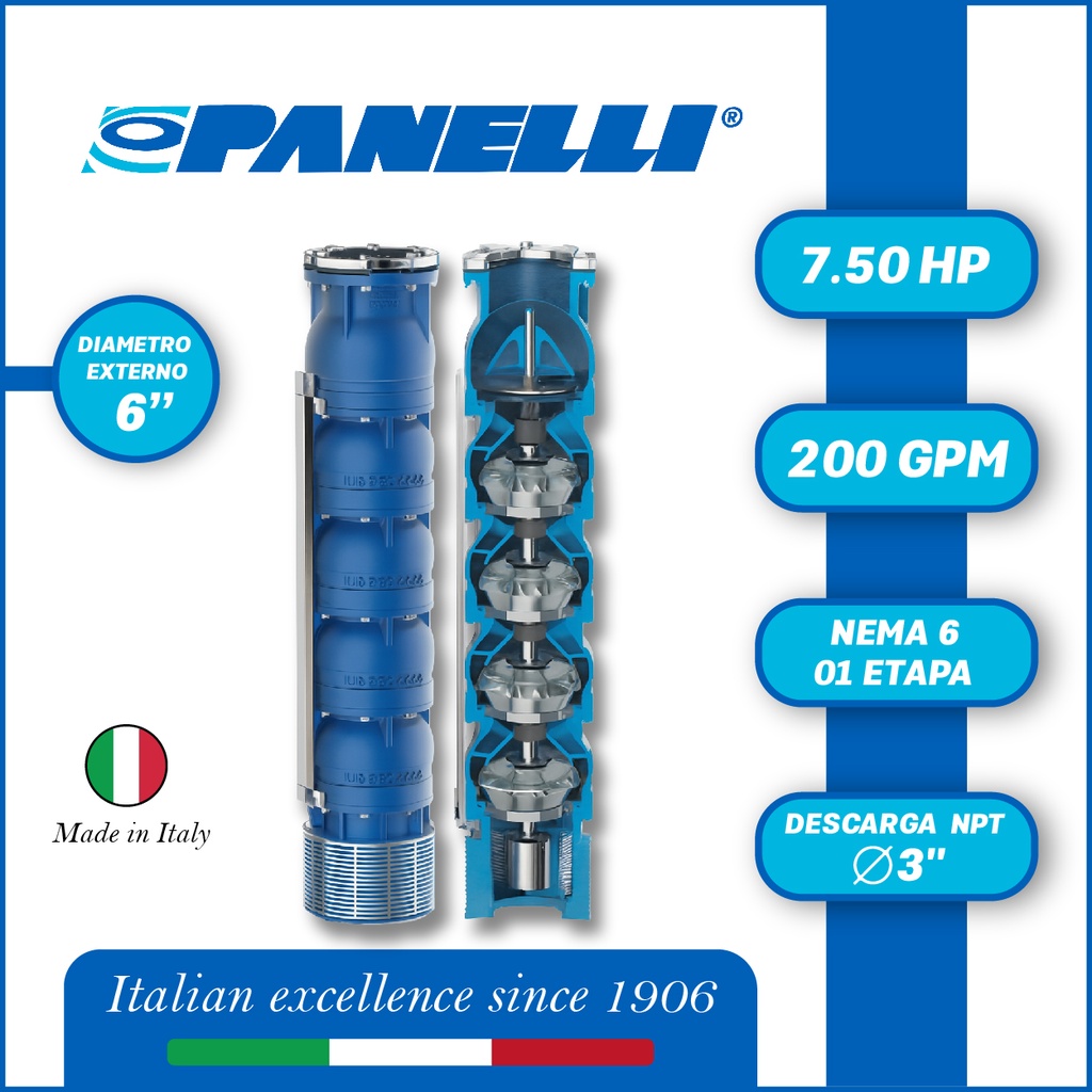 CUERPO SUMERGIBLE PANELLI  6" SERIE REC MOD 140REC20001 200GPM   7,50HP  01ET 3"NPT NEMA6