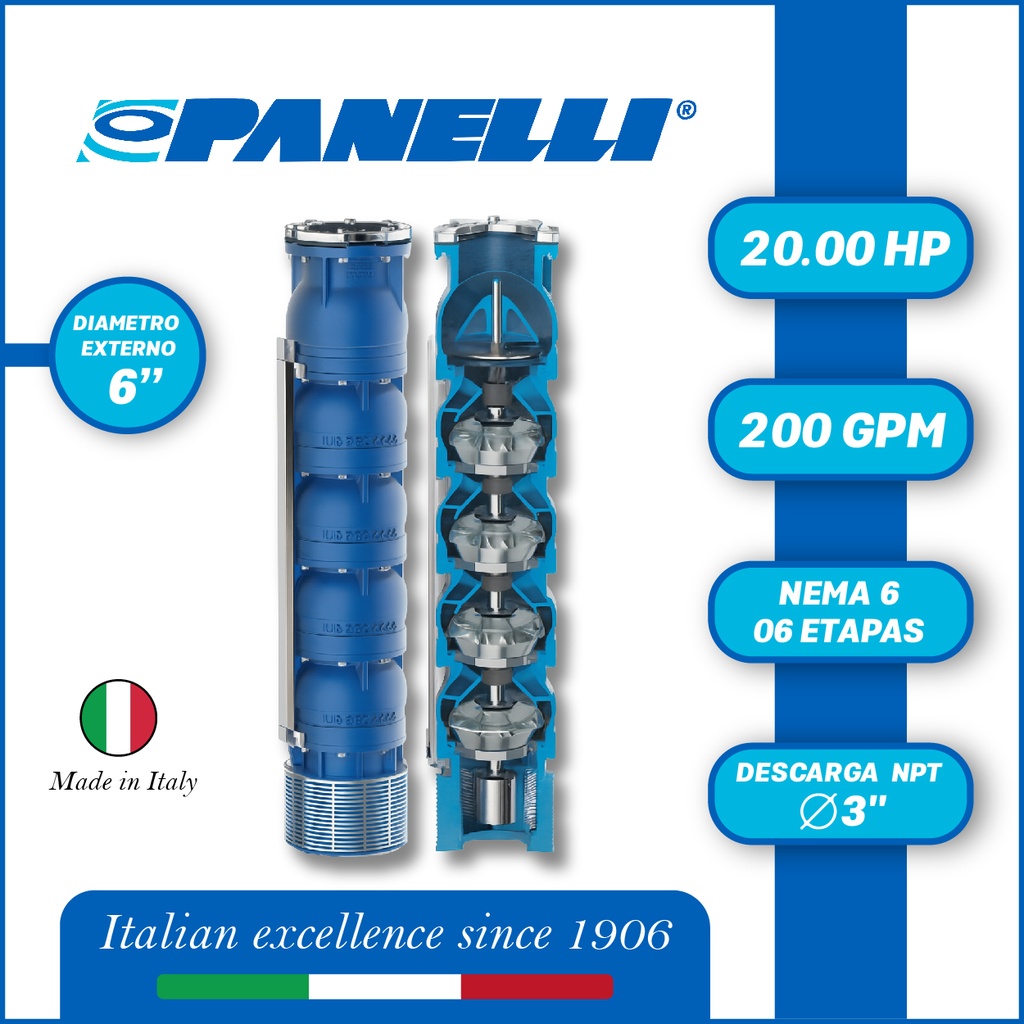 CUERPO SUMERGIBLE PANELLI  6" SERIE REC MOD 140REC20006 200GPM  20,00HP  06ET 3"NPT NEMA6
