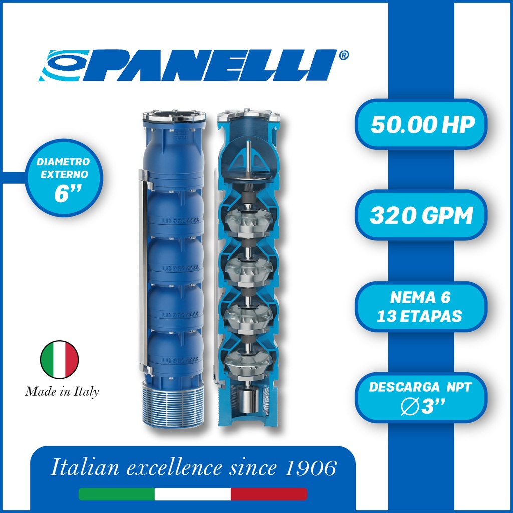 CUERPO SUMERGIBLE PANELLI  6" SERIE REC MOD 140REC32013 320GPM  50,00HP  13ET 3"NPT NEMA6