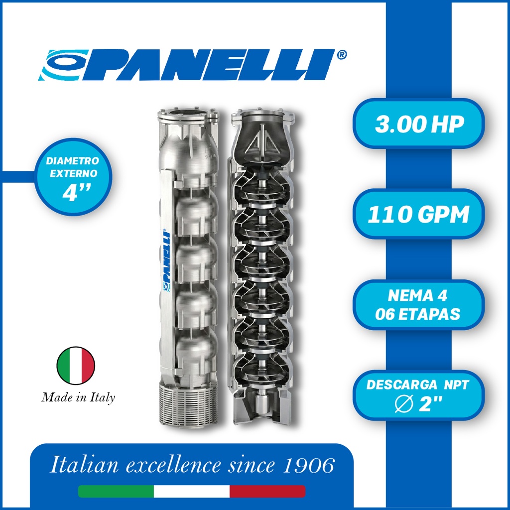 CUERPO SUMERGIBLE PANELLI  4" SERIE  SX MOD.  95SX11006  110GPM   3,00HP 06ET 2"NPT NEMA4