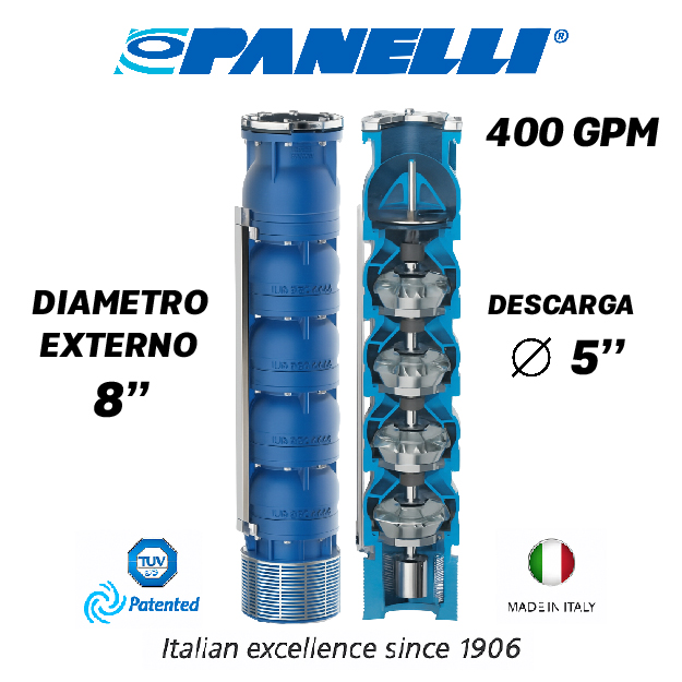 CUERPO SUMERGIBLE PANELLI  8" SERIE REC MOD. 180REC40010 400GPM 150,00HP  10ET 5"NPT NEMA8